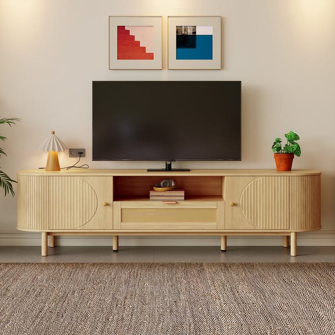 MODFU - TV-Meubel - Rotan Lade En Kabeldoorvoer - Modern - Woonkamer - MDF - Naturel