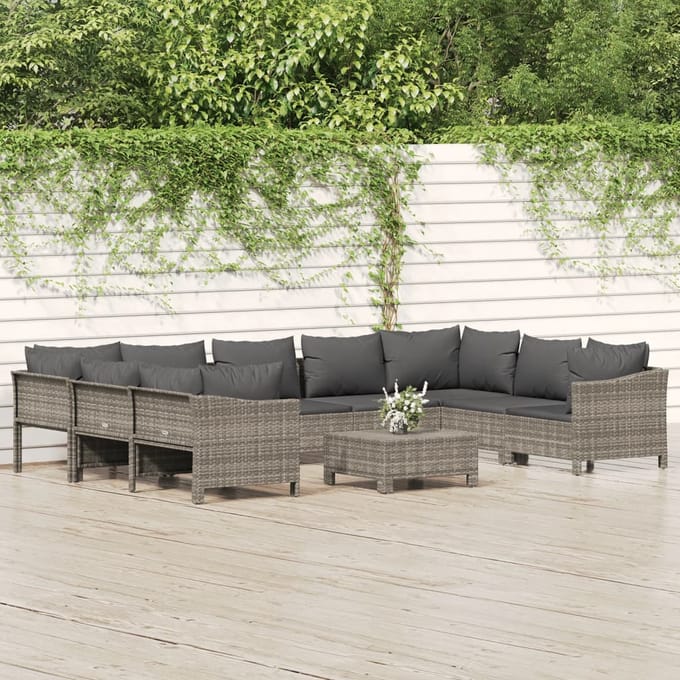 vidaXL - 10-delige - Loungeset - met - kussens - poly - rattan - grijs