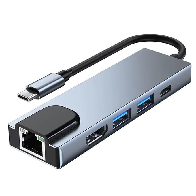 5-in-1 USB C HUB Type C Docking Station 4K 30Hz HDMI-compatibel RJ45 Lan Ethernet Splitter SD/TF PD 100W Adapter voor Macbook Notebook Computer gray
