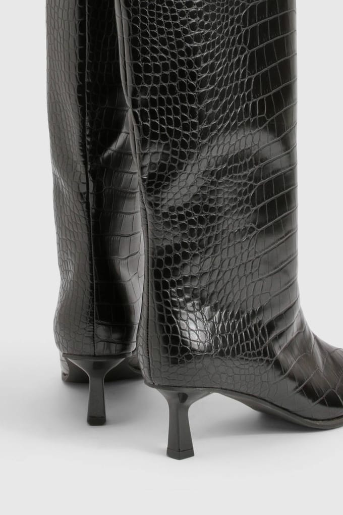 boohoo Dames Croco Lage Stiletto Column Laarzen | Black | Maat: 5