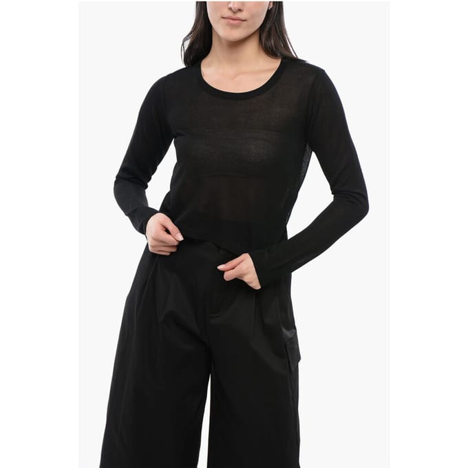 Cropped Fit Viscose Blend Trui met Ronde Hals in Zwart