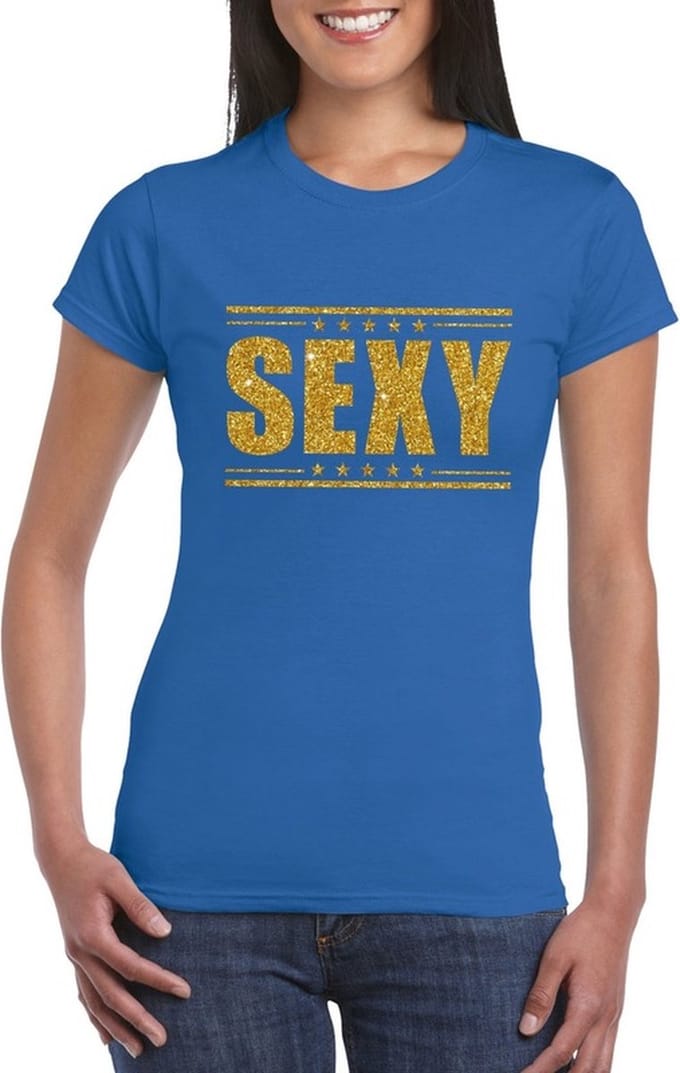 Blauw Sexy shirt in gouden glitter letters dames M