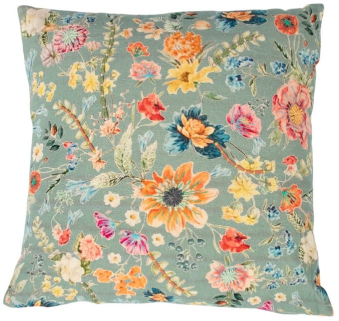 kussen geborduurd wilde bloemen all over petrol 45x45cm