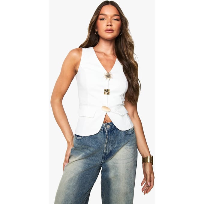 boohoo Dames Multi Trim Getailleerd Vest | Wit | Maat: 40