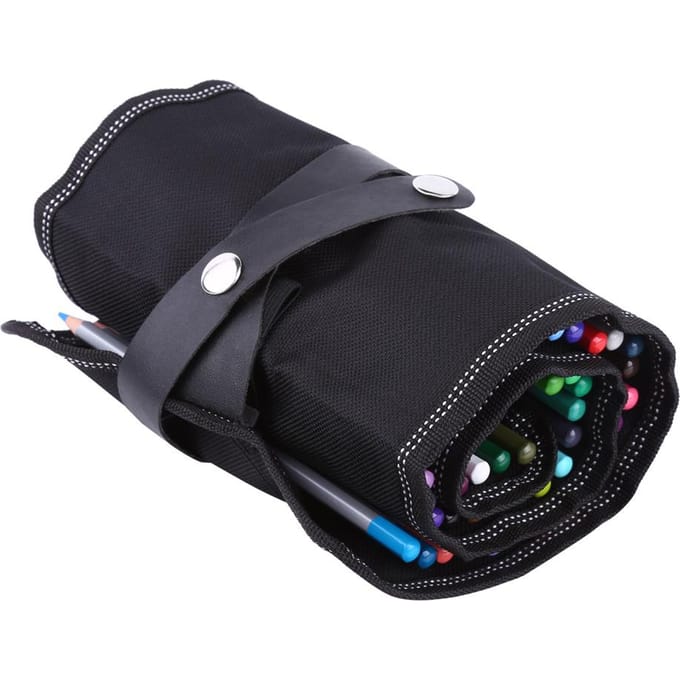 Zwarte Draagbare Stoffen Potloodwikkelrol Multifunctionele Etui Houder (48 sleuven) black