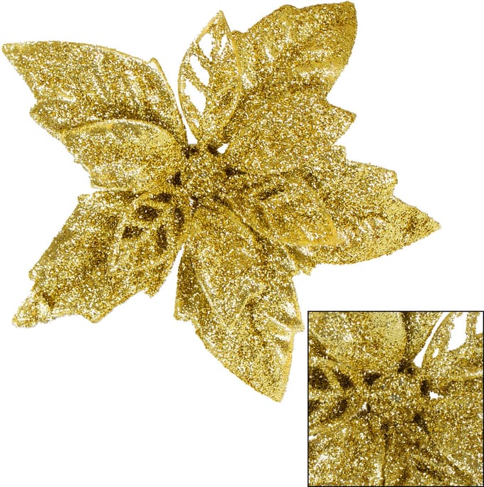 Springos Decoratiebloem | Kerstster | Kerstbloem | Glitters | Goud | 28 CM
