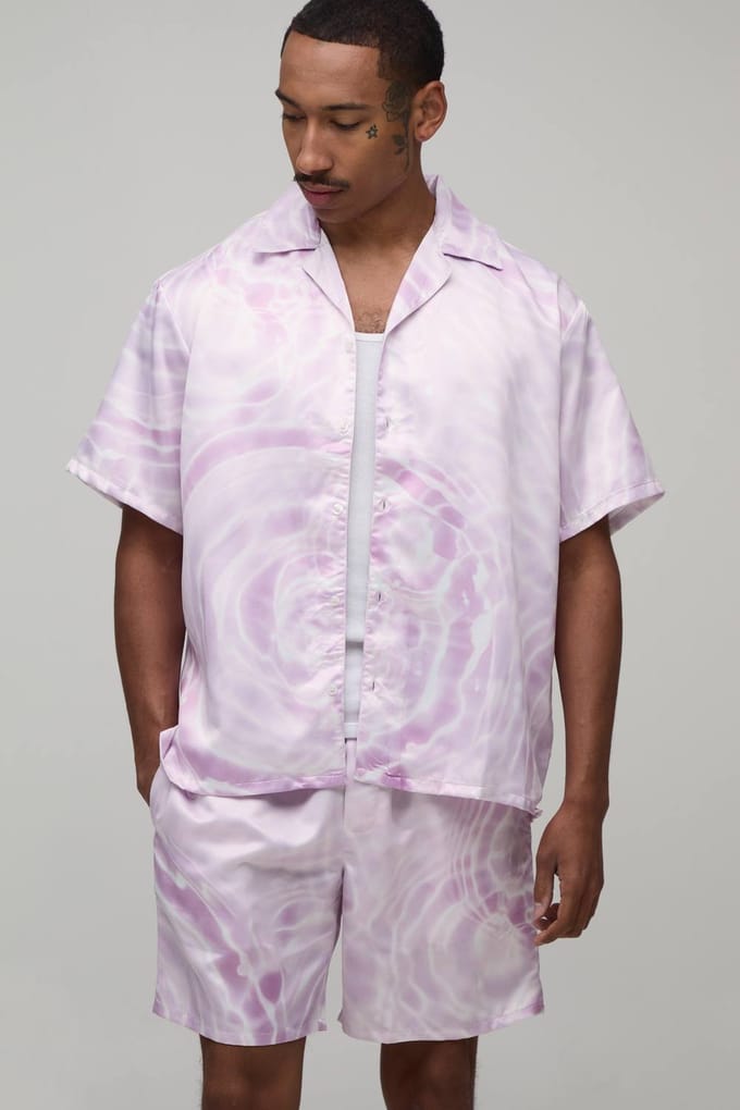Oversized Shirt En Short Set Met Korte Mouwen En Waterprint Satijn | Pink | Size Medium