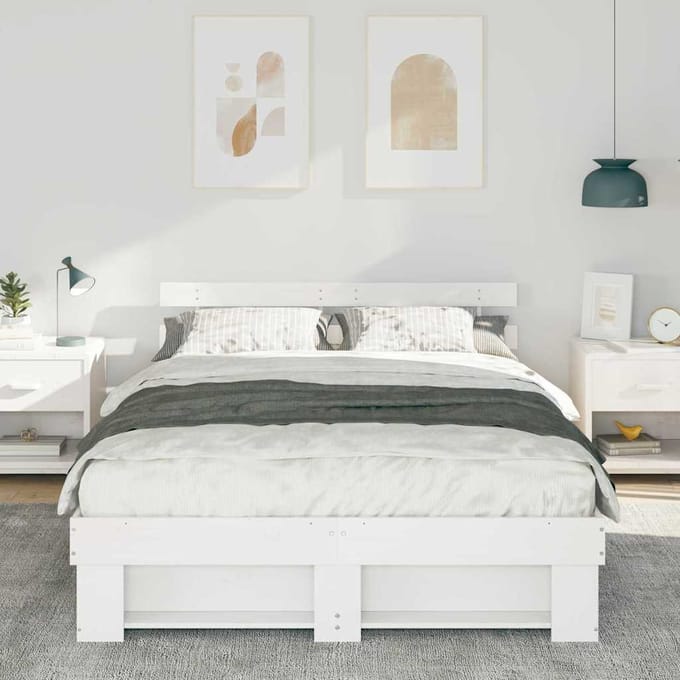 vidaXL - Bedframe - met - hoofdeinde - Wit - 150 - x - 200 - cm - Massief - grenenhout