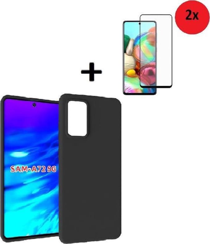 Samsung Galaxy A72 Hoesje - Siliconen - Samsung Galaxy A72 Screenprotector - Hoesje Zwart Case + 2x Full Screenprotector