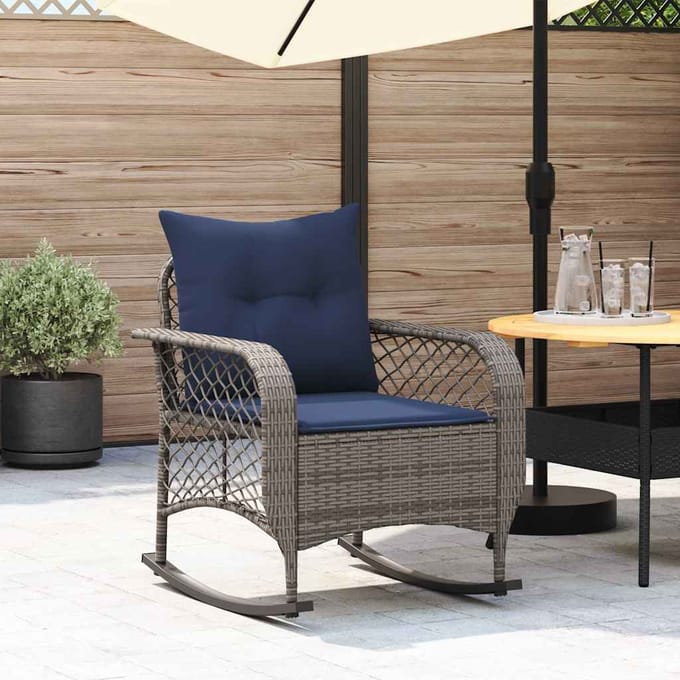 vidaXL - Tuinschommelstoel - met - kussens - poly - rattan - grijs