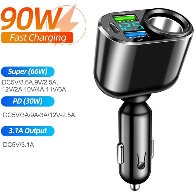66W autoladeraansluiting PD QC3.0 snellader splitter dubbele USB-oplader type C-poorten met LED-display voedingsadapter