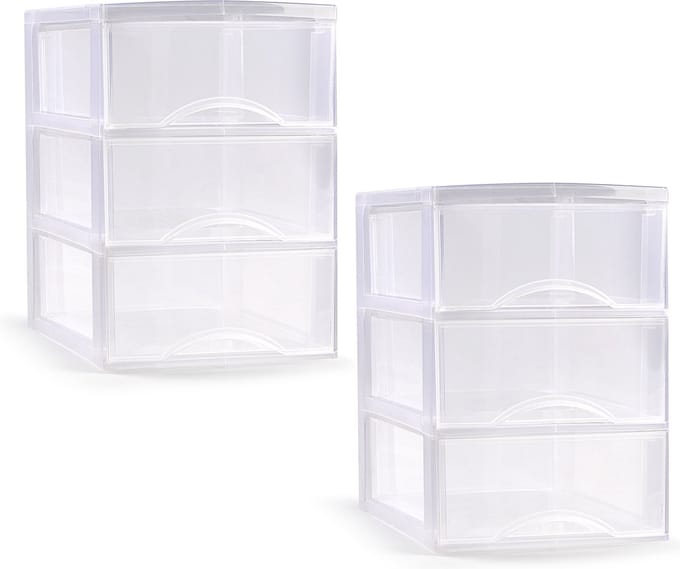 PlasticForte ladeblokje/bureau organizer - 2x - 3 lades - transparant - L26 x B37 x H37 cm