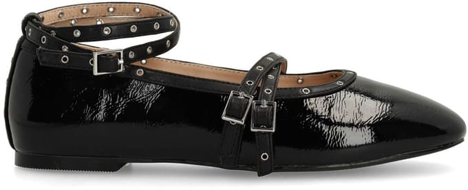 Sacha - Dames - Zwarte lak ballerina's met studs en bandjes - Maat 37