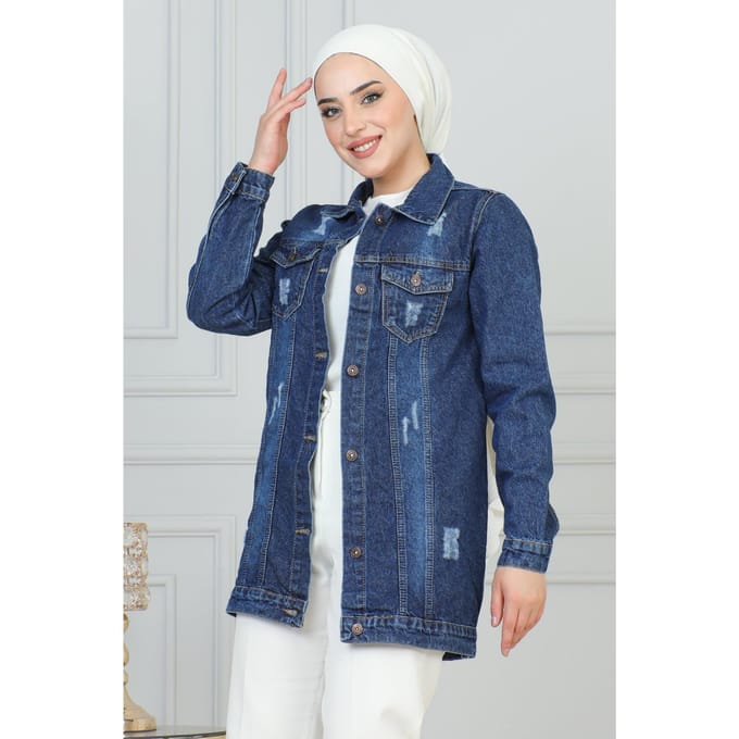 Denim Jasje With Laser Zak Detail Donkerblauw