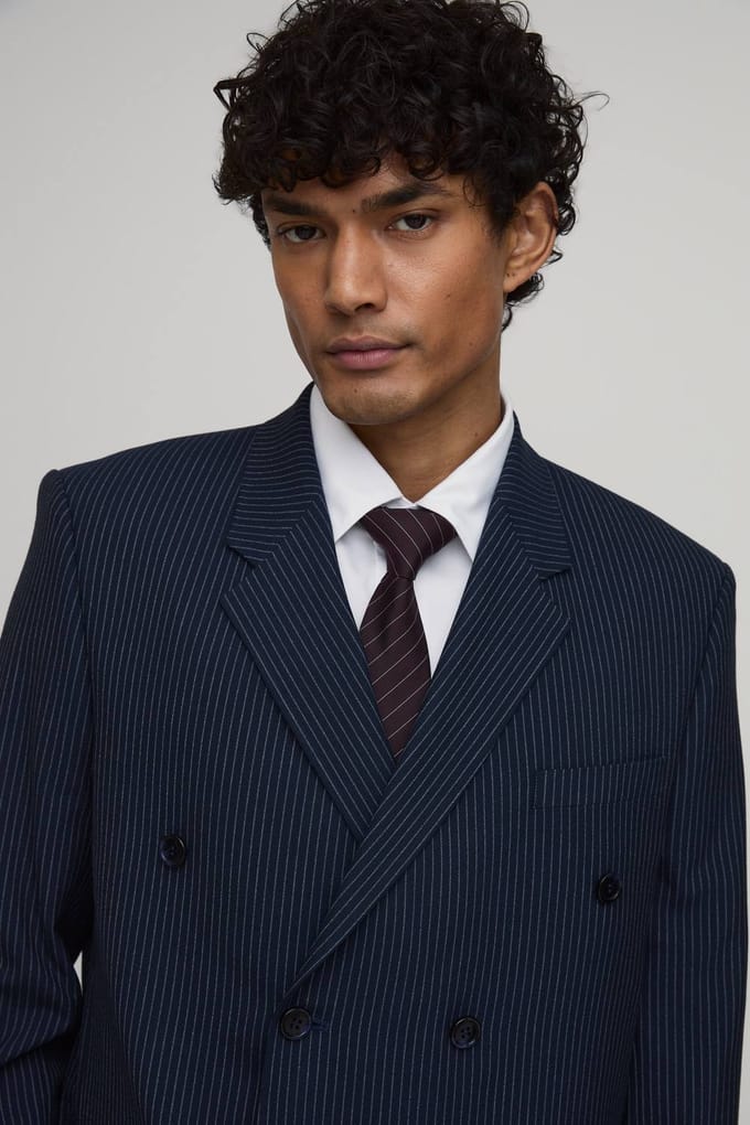 Pinstripe Oversized Boxy Double Breasted Blazer | Navy | Size 44