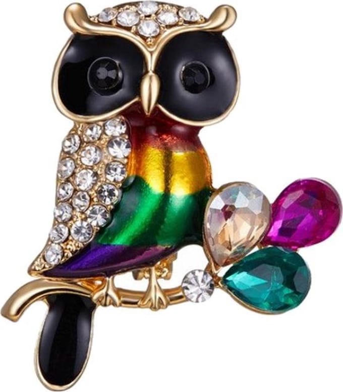 Fako Bijoux® - Broche - Uil - Regenboog - 32x36mm - Goudkleurig