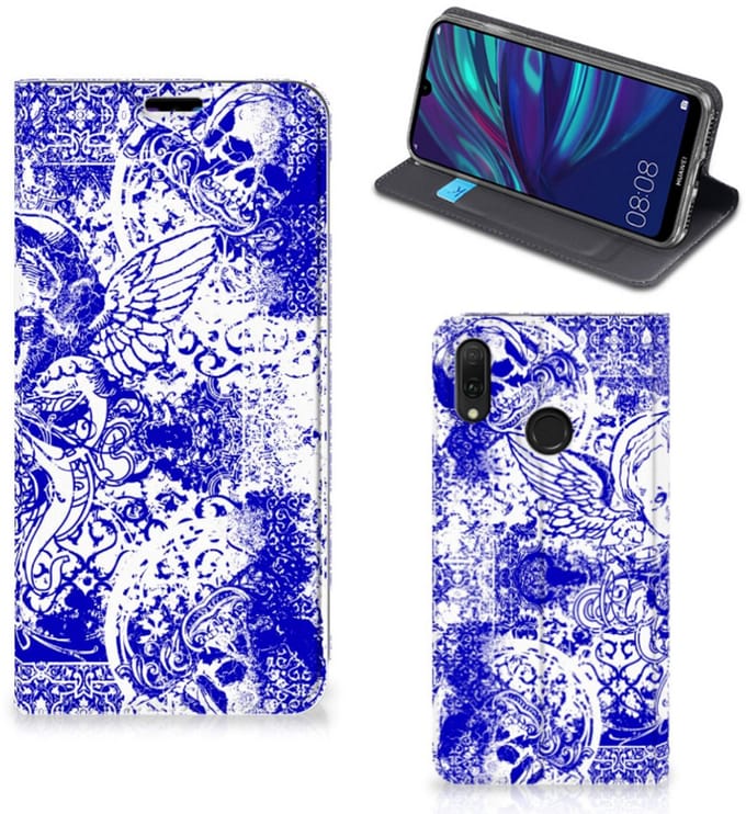 Mobiel BookCase Huawei Y7 hoesje Y7 Pro (2019) Angel Skull Blauw