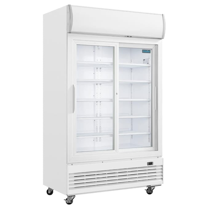 Polar G-serie tweedeurs displaykoeling met lichtbak 950L schuifdeuren