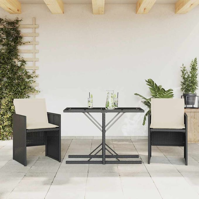 vidaXL - 3-delige - Bistroset - met - kussens - poly - rattan - zwart
