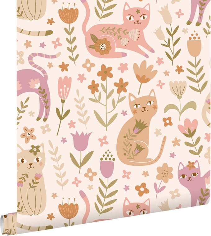 ESTAhome behang katjes paars, roze en beige - 50 x 900 cm - 132179