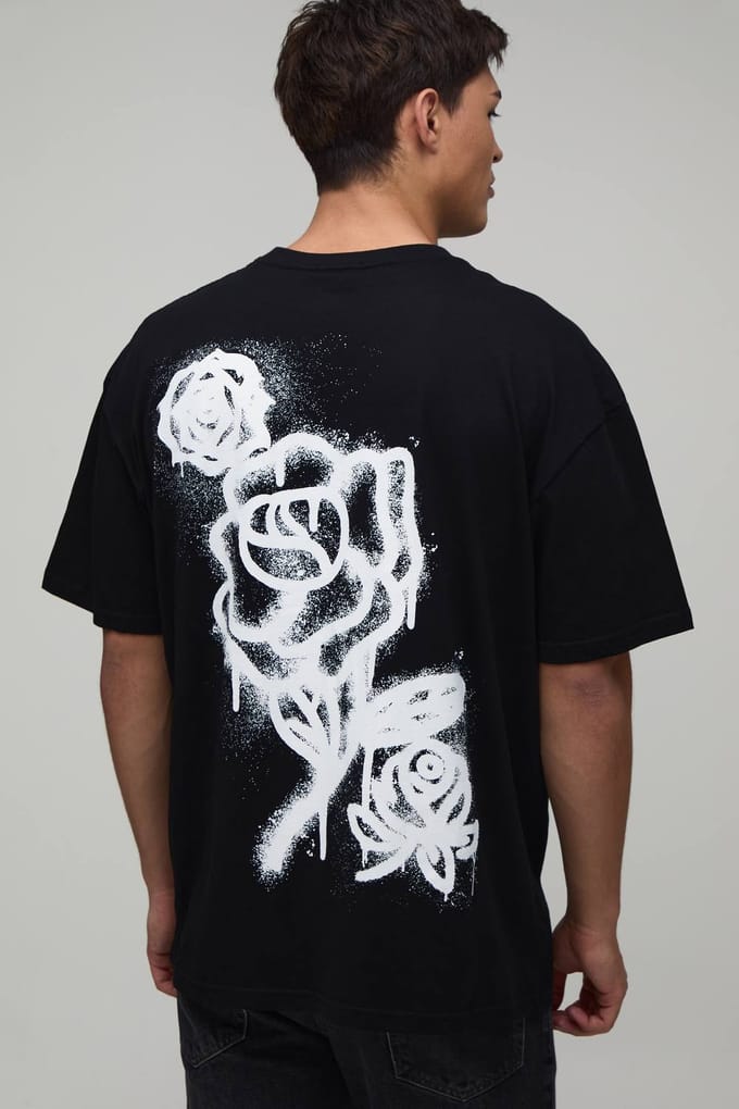 Zwart Oversized T-shirt Met Graffiti Bloemenprint | Black | Size Large