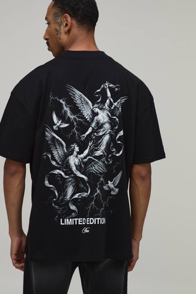 Zwart Oversized Renaissance Duif Print T-shirt | Black | Size Medium