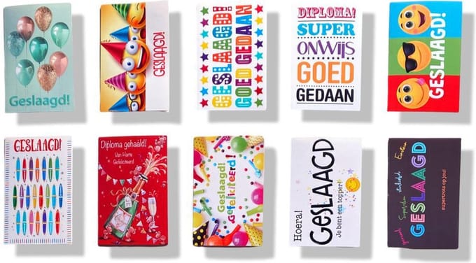 Cards & Crafts 10 Geslaagd Kaarten met Enveloppen – 10 Verschillende Wenskaarten voor Examen en Diploma – Gevouwen – 12 x 17 cm – 250 g/m²