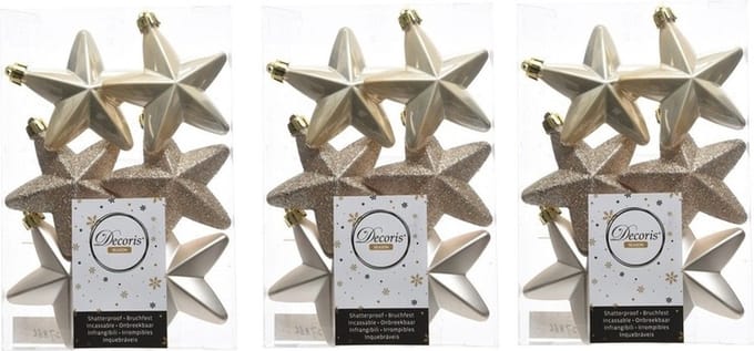 Decoris kersthanger sterren - 18x st - champagne - 7 cm - kunststof - kerstornamenten - kerstversiering
