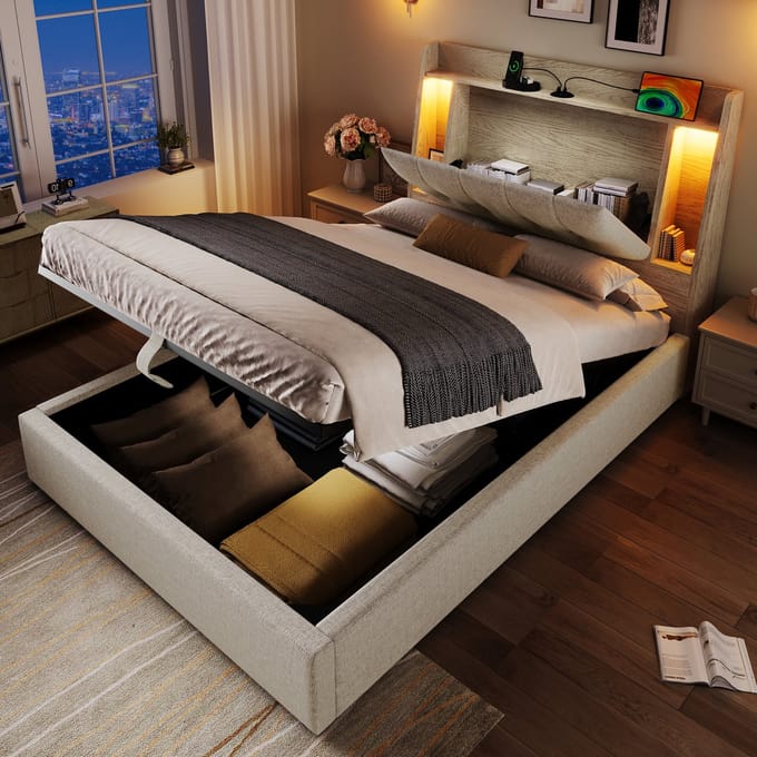 REDOM Bedframe 90x200 cm – Linnen met hydraulische opbergruimte, USB-C & LED – Beige