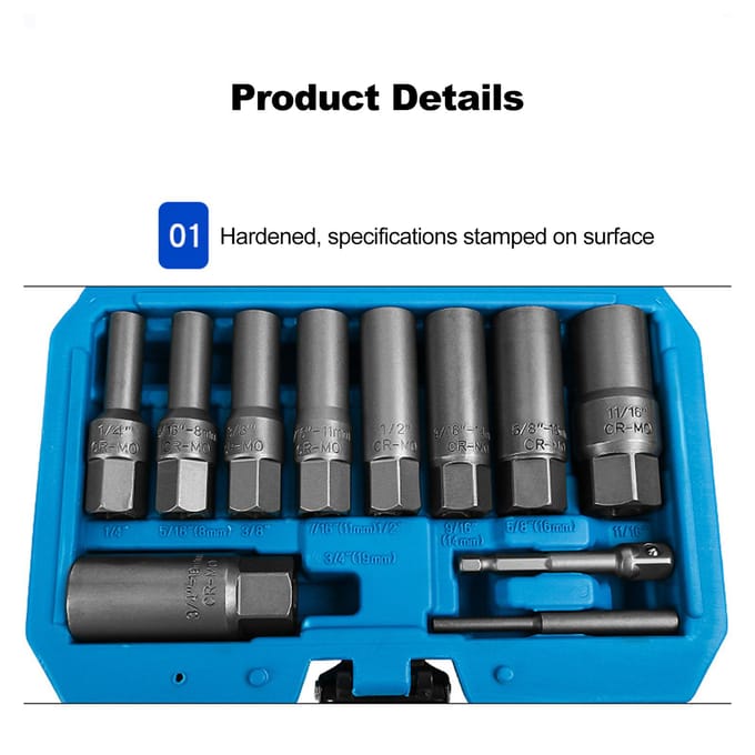 11-delige set voor het verwijderen van bouten en moeren, set voor het verwijderen van gebroken moeren, dopsleutelset voor het verwijderen van gebroken wielmoeren 7 Pcs blauw