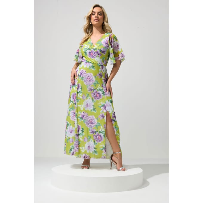 Yours London Groene Wikkeljurk Met Bloemenprint Size 44