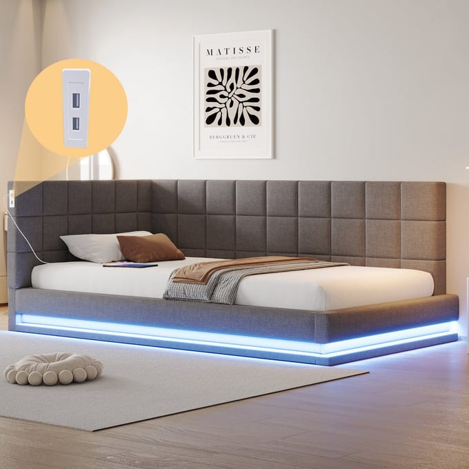 MODFU - Bedframe 90x200 cm – Linnen met LED (app) & USB – Slaapbank design – Grijs