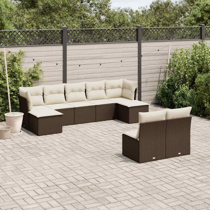 vidaXL - 9-delige - Loungeset - met - kussens - poly - rattan - bruin