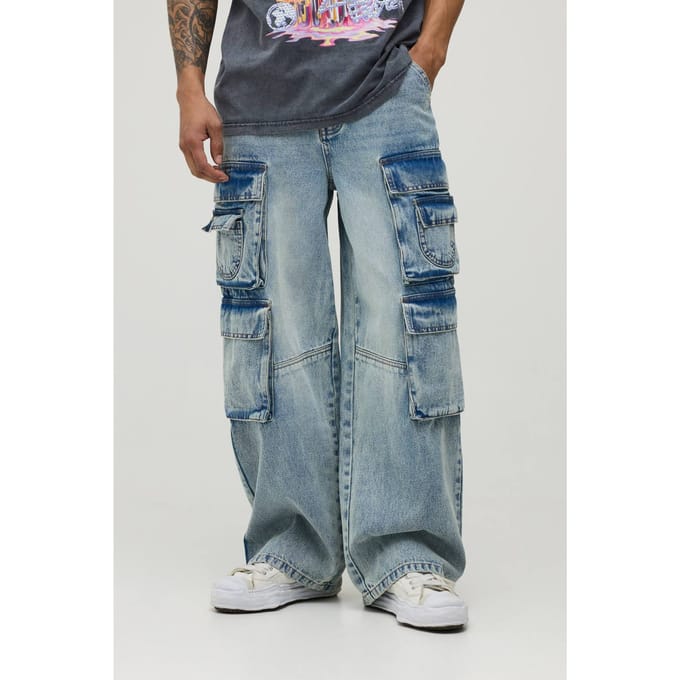 Gewassen Baggy Cargo Jeans Met Meerdere Zakken | Stonewash | Size 36R
