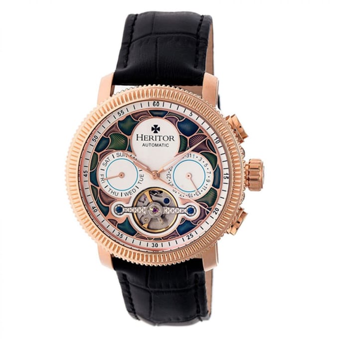 Heritor Automatic Aura herenhorloge met half skelet en lederen band