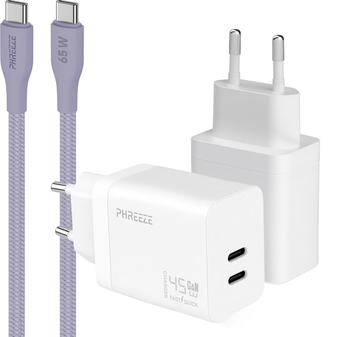 Phreeze usb C snellader 45w met usb C naar usb C kabel paars 1m - Dubbele usb C oplader - Fast charger
