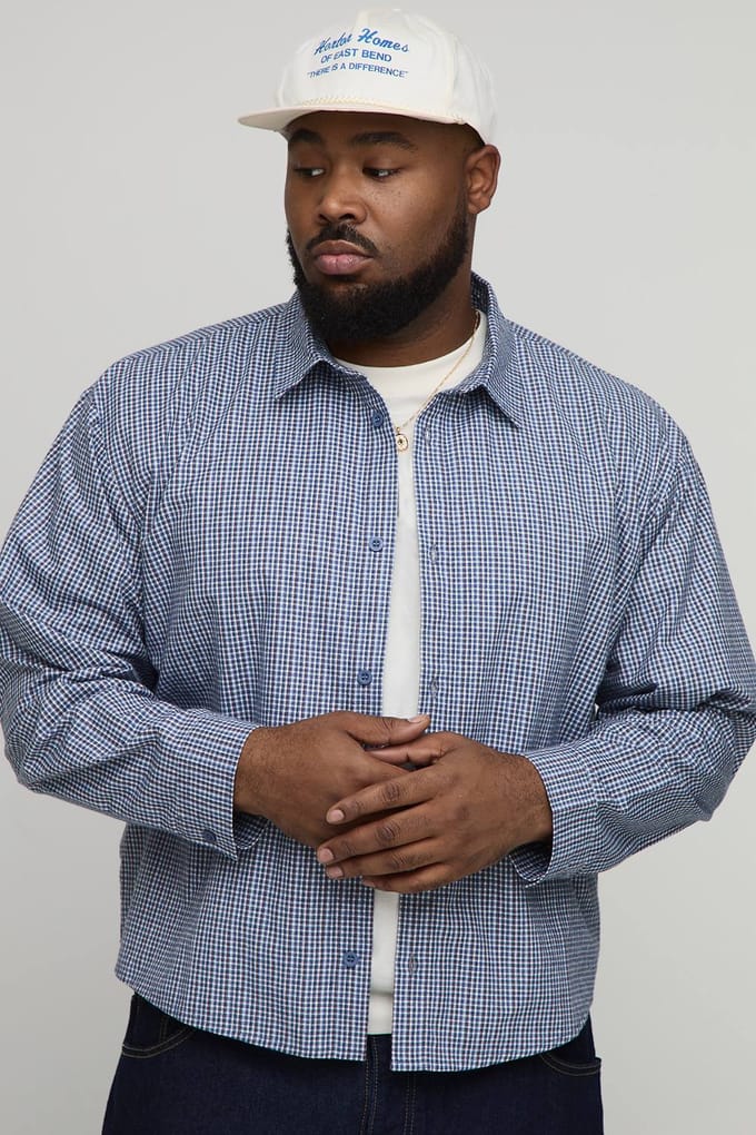 Plus Oversized Boxy Official Depot Print Micro Geruite Shirt | Blue | Size 2XL