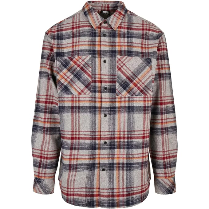 Urban Classics Overhemd -S- Heavy Curved Oversized Checked Grijs/Rood