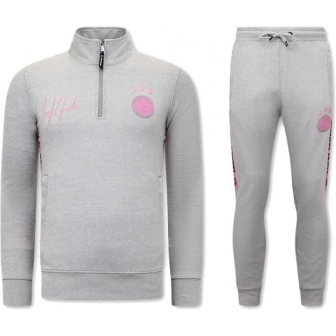 Heren Joggingspak - Half Zipper, Double Ribbon - Grijs / Roze