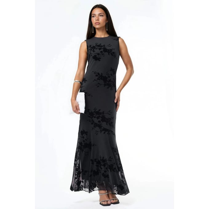 Bloemrijke Flocked Print Tulle Maxi Jurk