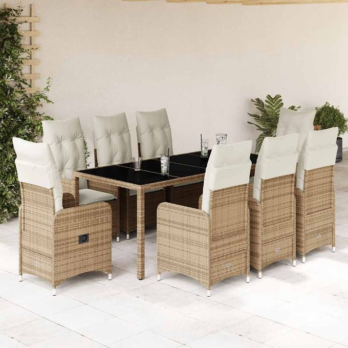 vidaXL - 9-delige - Bistroset - met - kussens - poly - rattan - beige