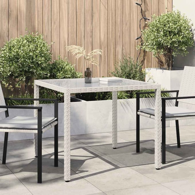 vidaXL - Tuintafel - 90x90x75 - cm - gehard - glas - en - poly - rattan - wit