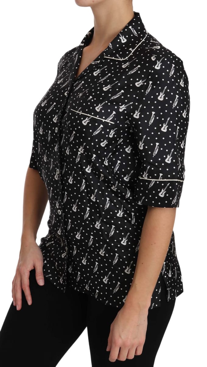 Dolce & Gabbana Dames Zwarte Gitaar & Trompet Print Zijde Blouse