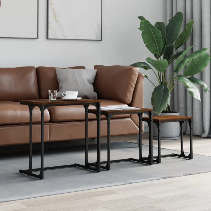 vidaXL - 3-delige - Tafeltjesset - bewerkt - hout - bruin - eikenkleur