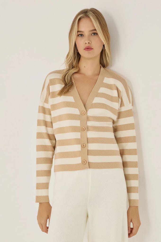 Gestreepte V-hals Cardigan met Knopen Detail