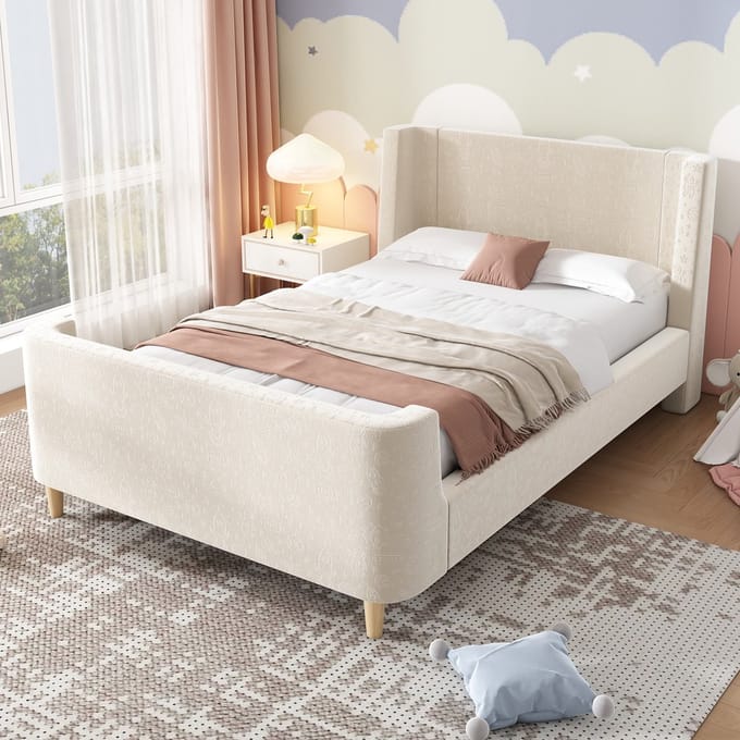 Sweiko Kinderbed - 90 x 200 cm - Met kosmisch motief - Fluweel - Zonder matras - Beige