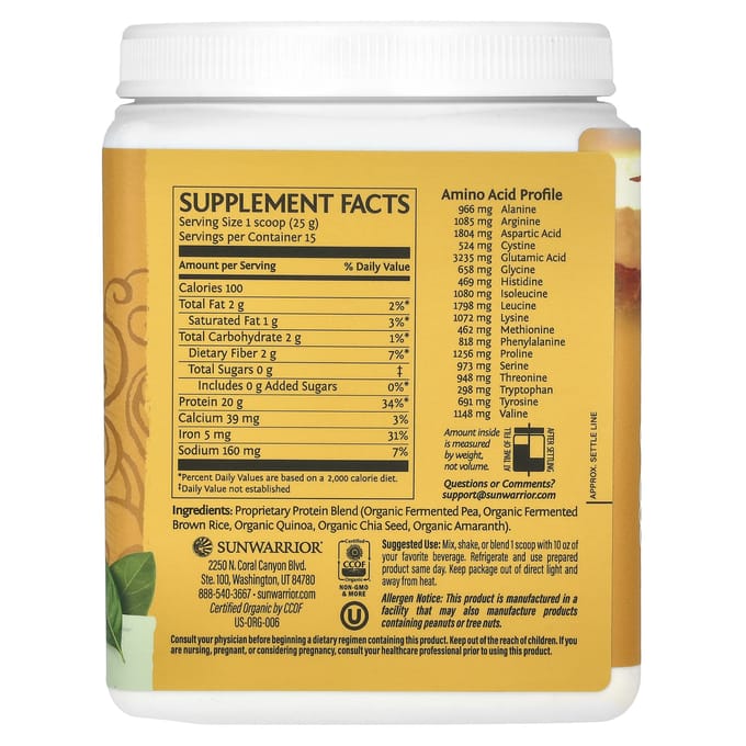 Sunwarrior, Protéine Classic Plus, Végétale, Non aromatisée, 13,2 oz (375 g)