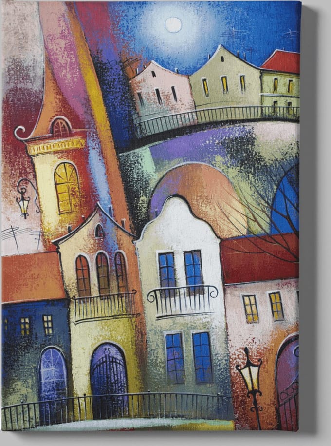 Canvas Schilderij - Abstracte Huizen - Wall Art - 90x60x2 cm
