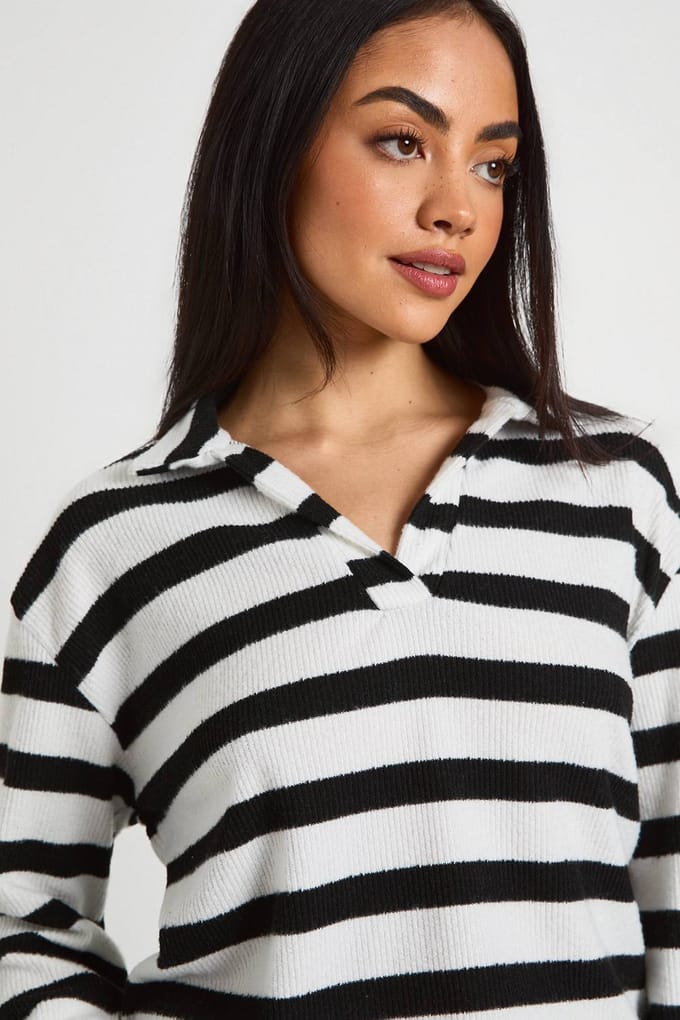 boohoo Dames Gestreepte Geborstelde Rib Rugby Top | Black/White | Maat: 6