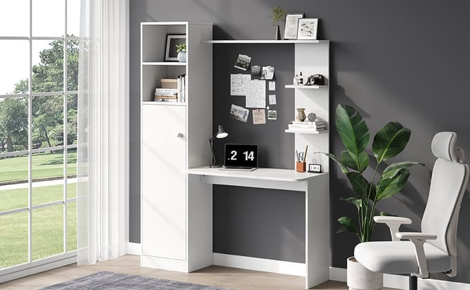 Modern Bureau - Bureau Met Kast En Opbergplanken - Wit - 123,5 cm
